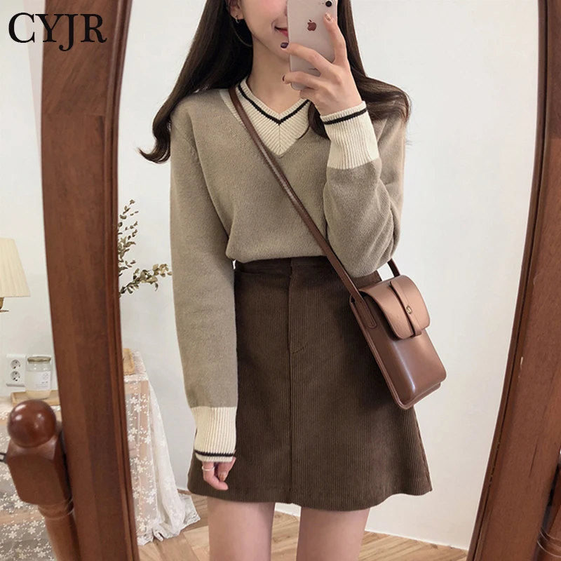 

Female Korean Harajuku Chic Retro Striped Contrast V-neck Sweater Women's Sweaters Japanese Kawaii Ulzzang Clothing For Women