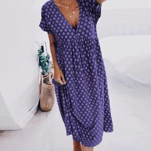 Printed Short Sleeve Dress Fashion Loose Mid-Length Dress Elegant V-Neck Home Wear Dresses Women's Casual Street Summer Vestido 6