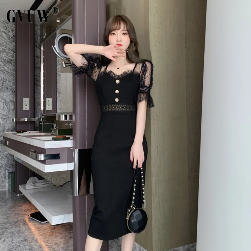 

GVUW Black Mesh Hollow Out Lace Dress Square Collar Short Female 2021 20D1652