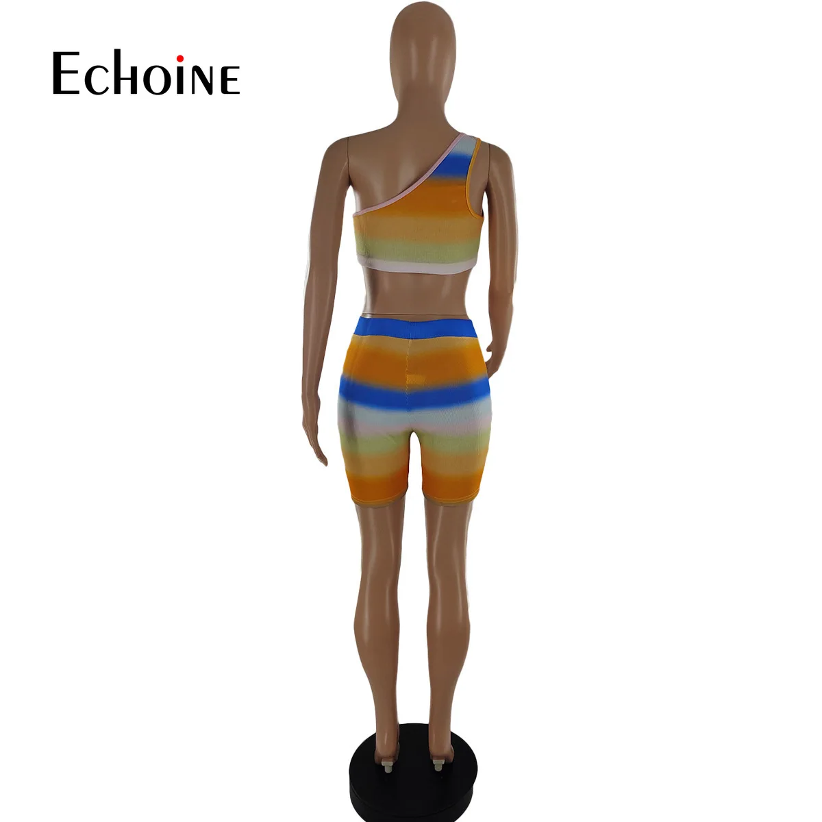 

Echoine 2021 Women Summer Sexy Multi color Print Sports Two Piece set Skew Collar Crop Top And Shorts Outfits Tracksuit Outfits