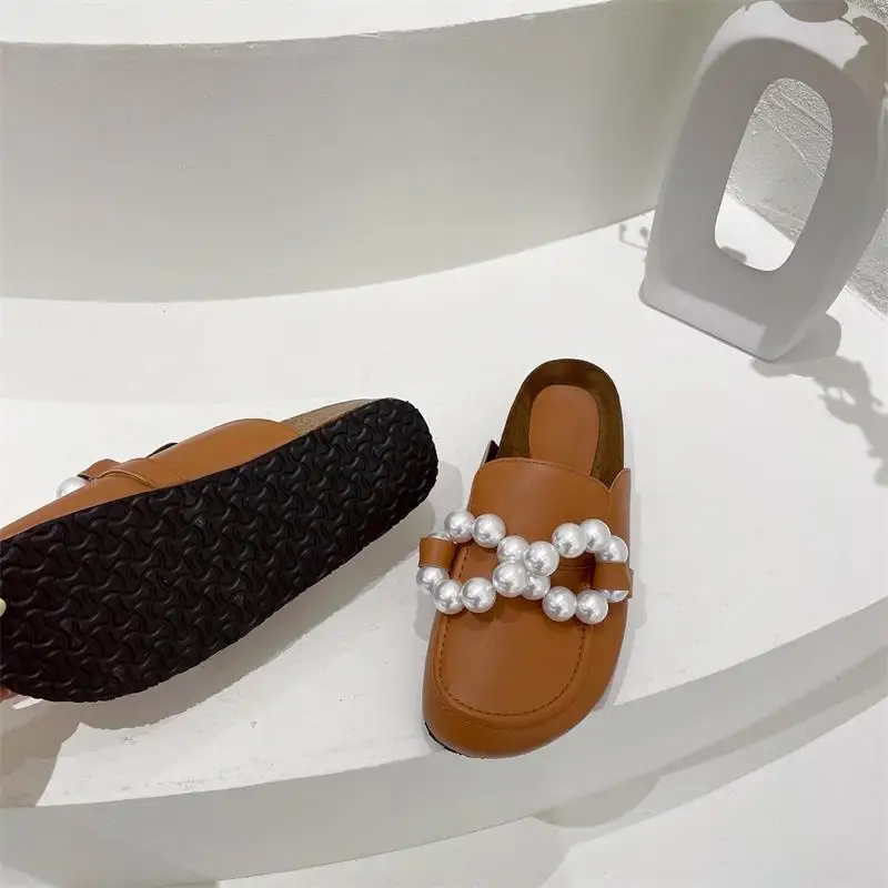 

2021 Summer New Brand Design Flat Baotou Pearl Chain Women's Shoes Slippers Low Heel Casual Slippers Slippers Half Sandals