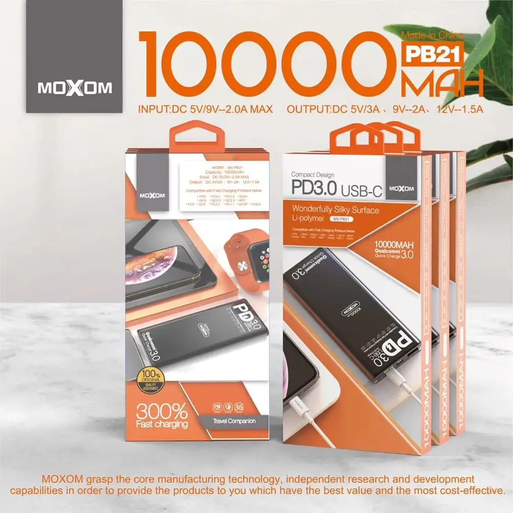 Внешний аккумулятор MOXOM на 10000 мА · ч с поддержкой быстрой зарядки и USB 3 0|Внешние