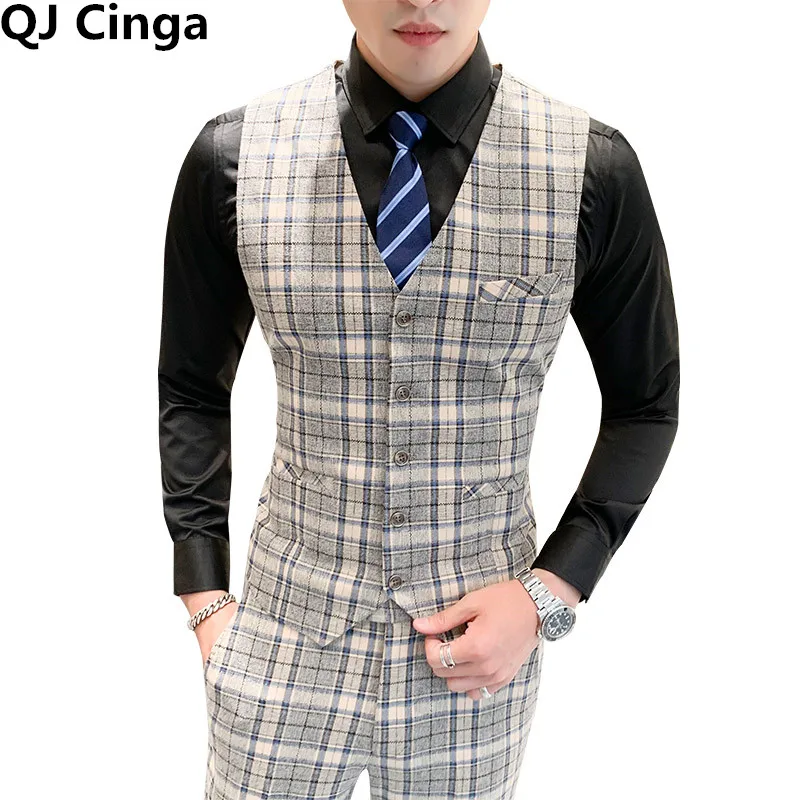 Новый зеленый мужской Клетчатый комплект QJ CINGA из 2 предметов (жилет + брюки)