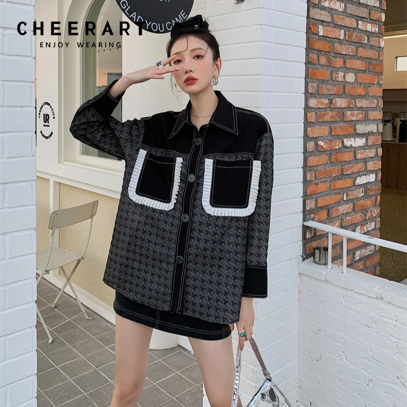 

CHEERART Fall Fashion Button Up Shirts Shacket Women Long Sleeve Contrast Stitch Top Black Houndstooth Patchwork Shirt Clothing