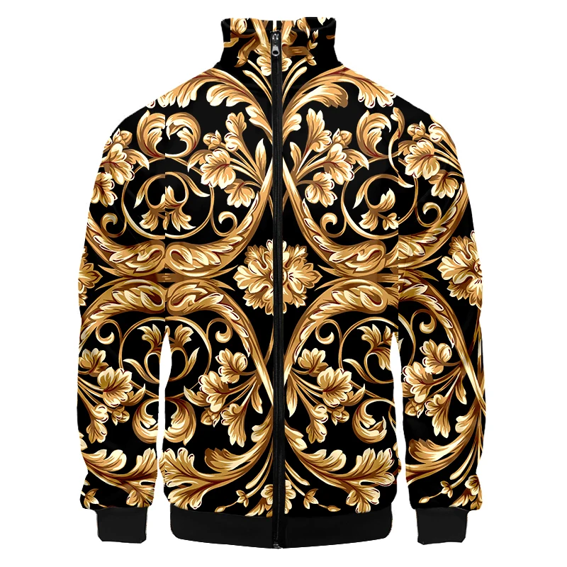 

LCFA 3d Print Stand Collar Hoodie Gold Flower Luxury Royal Baroque Fashion Men/Women Zipper Hoodies Jackets Long Sleeve Zip Up