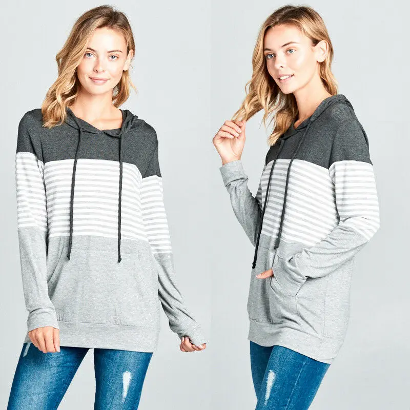 

Hirigin Women Fashion Long Sleeve Hoodie Sweatshirt Ladies Striped Splicing Hooded Pullover Cotton Jumper Coat Tops S-2XL