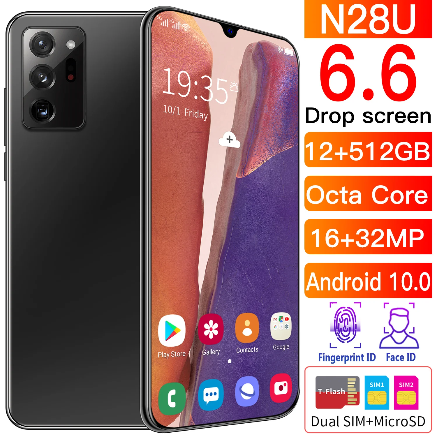 

N28U Global Version 6.6 Inch HD Phone 4800mAh 12G+512g Dual Card Dual Standby Fingerprint Face Unlock 16MP 32MP Cellphone