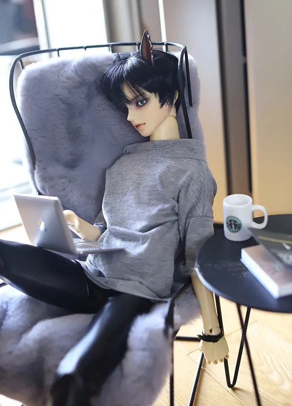 

4 point 3 point uncle BJD baby coat daily casual stitching grey slip shoulder bare shoulder small standing collar short sleeve T