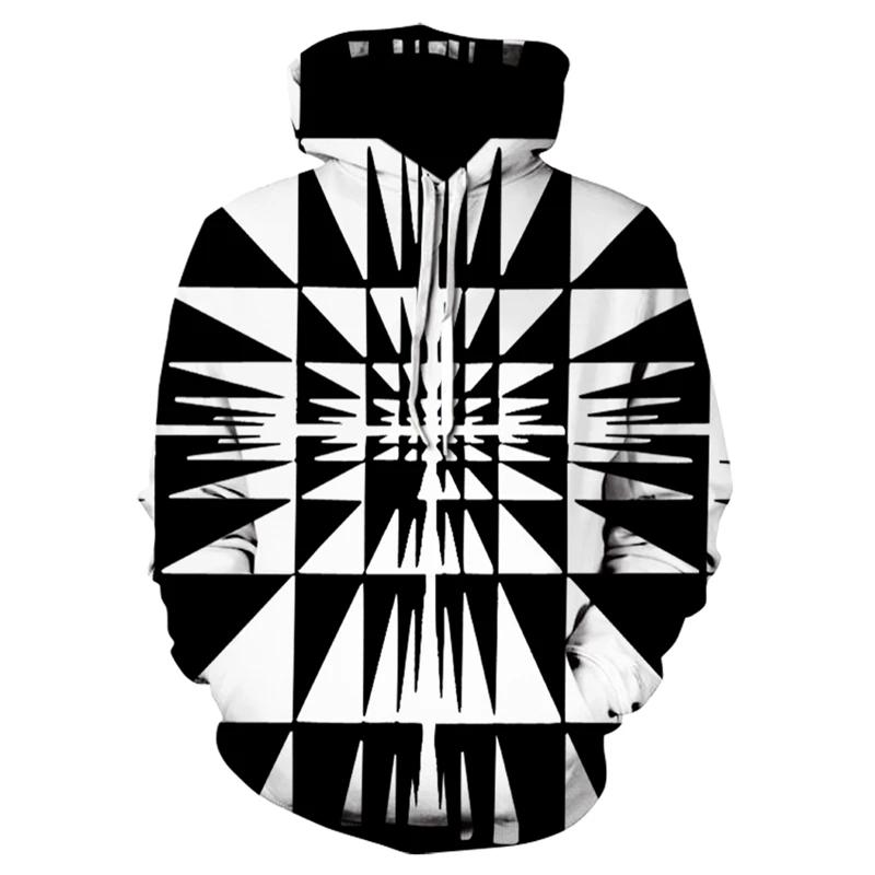 

Толстовка мужская черно-белая с 3d-рисунком, свитер с геометрическим принтом, Модный пуловер с капюшоном, спортивная одежда