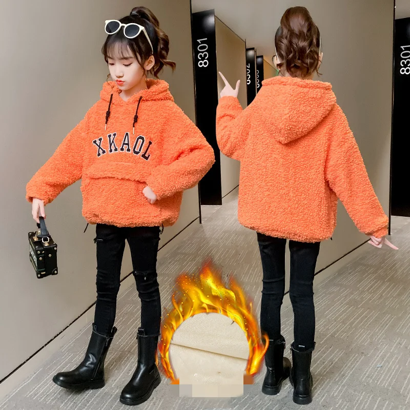 

Girls Hoodies Sweatshirts Kids Jacket 2021 Orange Winter Autumn Warm Thicken Velvet Fleece Cotton Outwear Children's Clothing