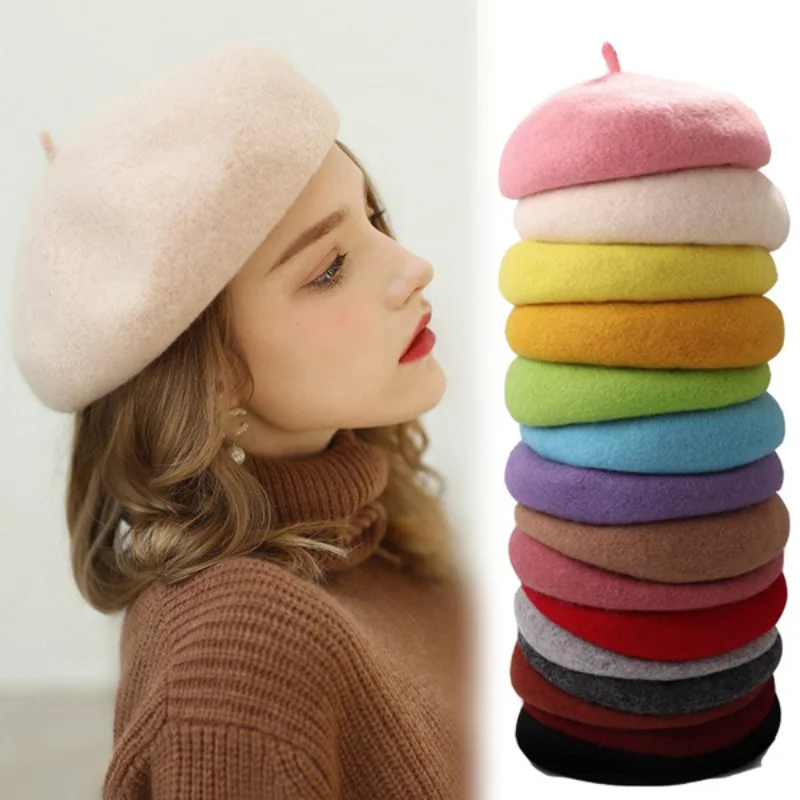 Новый Винтажный однотонный берет, шапка бини для женщин, шапка во французском стиле для девушек, теплая шерстяная зимняя шапка бини, шапка, в...
