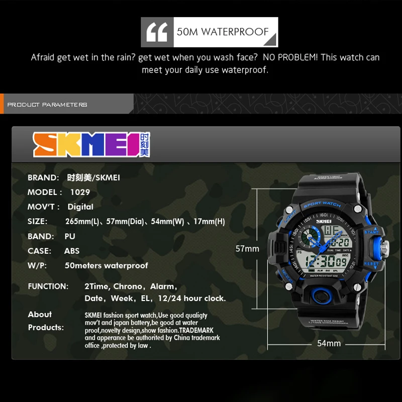 

SKMEI Sports Watch Men LED Digital Watches Dual Display Outdoor 50M Waterproof Wristwatch Military Relogio Masculino 1029