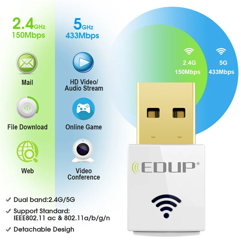 EDUP 600Mps мини usb адаптер Wi Fi Dual Band 2 4 г и 5 ГГц 802.11AC RTL8811AU Беспроводной сетевая карта