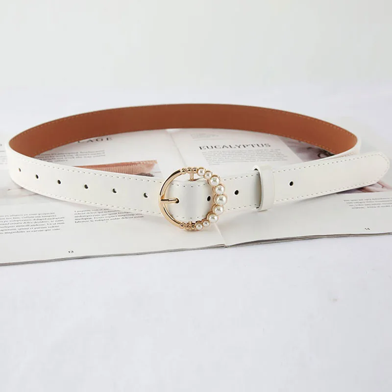 

Leather Belt Women Waist Luxury Black White Belts For Jeans Dresses Woman Pearl Studded Buckle Girls Ladies Fashion Decorative