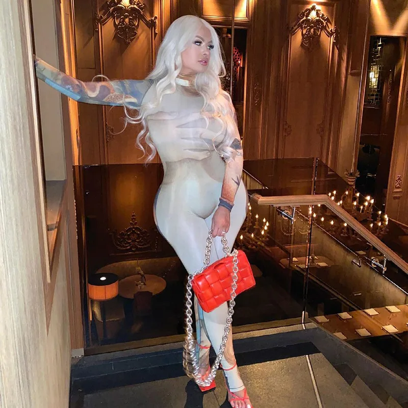 

Женский комбинезон с длинным рукавом, облегающий пикантный комбинезон с принтом «руки», Клубная одежда для вечерние, спортивная одежда, нов...