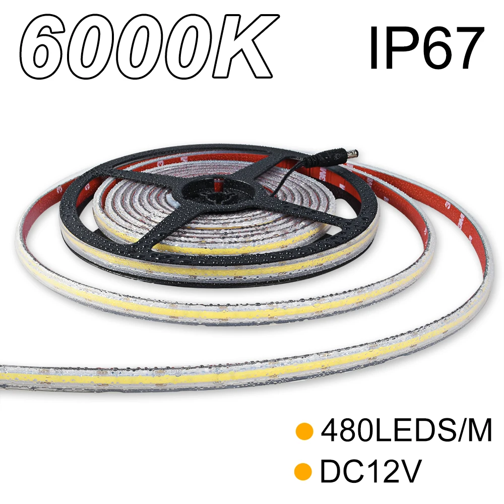 

480leds/m DC12V 6000K IP67 9W/M COB LED Strip 8mm PCB width Hollow Extrusion