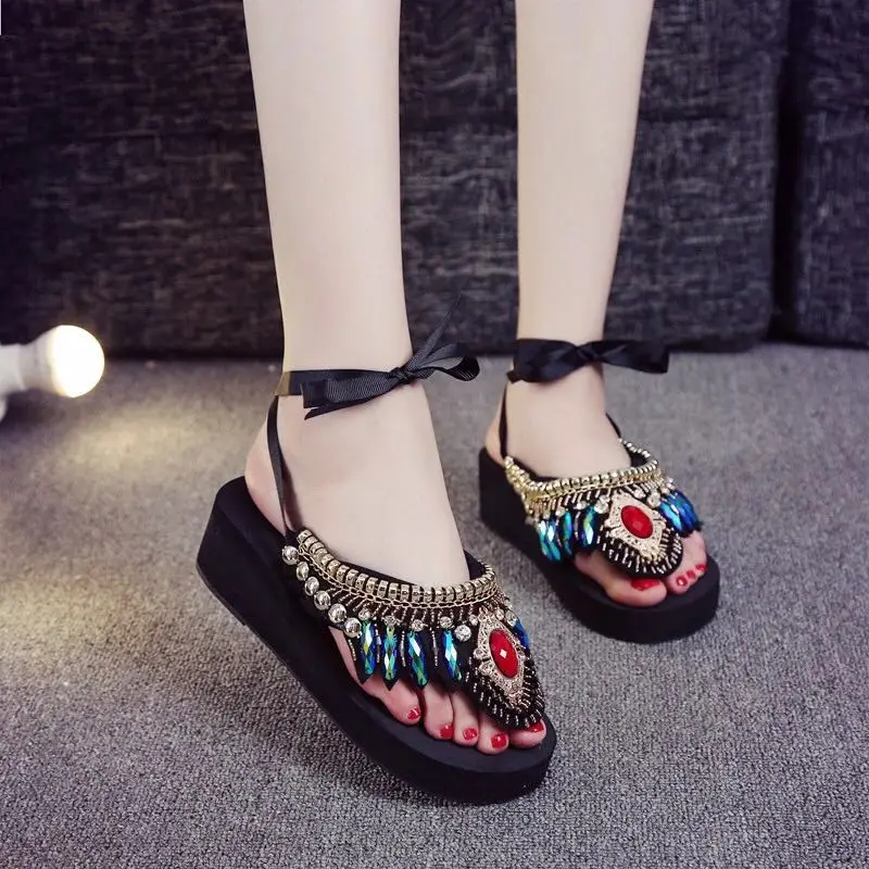 Сланцы женские на танкетке пляжная обувь с цветочным принтом ручная работа