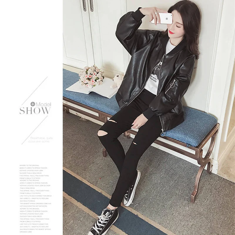 Женская куртка-бомбер Sungtin черная Свободная куртка из искусственной кожи на