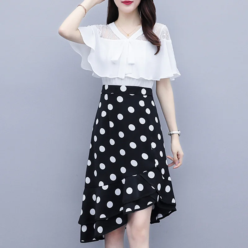 

5XL Plus Size Women Elegant Polka Dot Dresses Summer 2021 Bow V-neck Lace Patchwork Backless Chiffon Asymmetric Dress Ladies