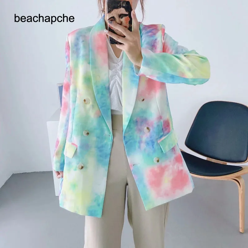 

2020 Women's New Long Sleeve Suit Lapel Slim Jacket Fashionable Tie-dye Printed Temperament White-collar Suit Female Coat