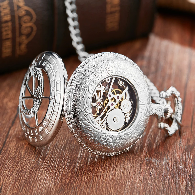 Roman Numeral Doctor Clip Mechanical Pocket Watch Sliver Engrave Skeleton Dial Male Fob Chain Clock for Men Women Dropshipping