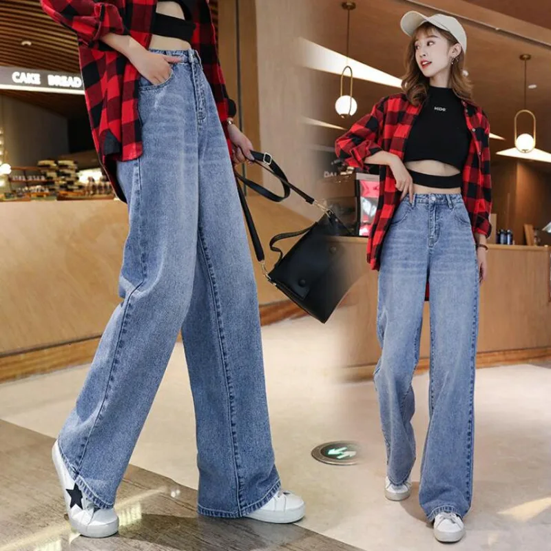 #3168 Spring Autumn Korean Style Loose Wide Leg Jeans Women High Waisted Casual Straight Femme Ladies Denim | Женская одежда
