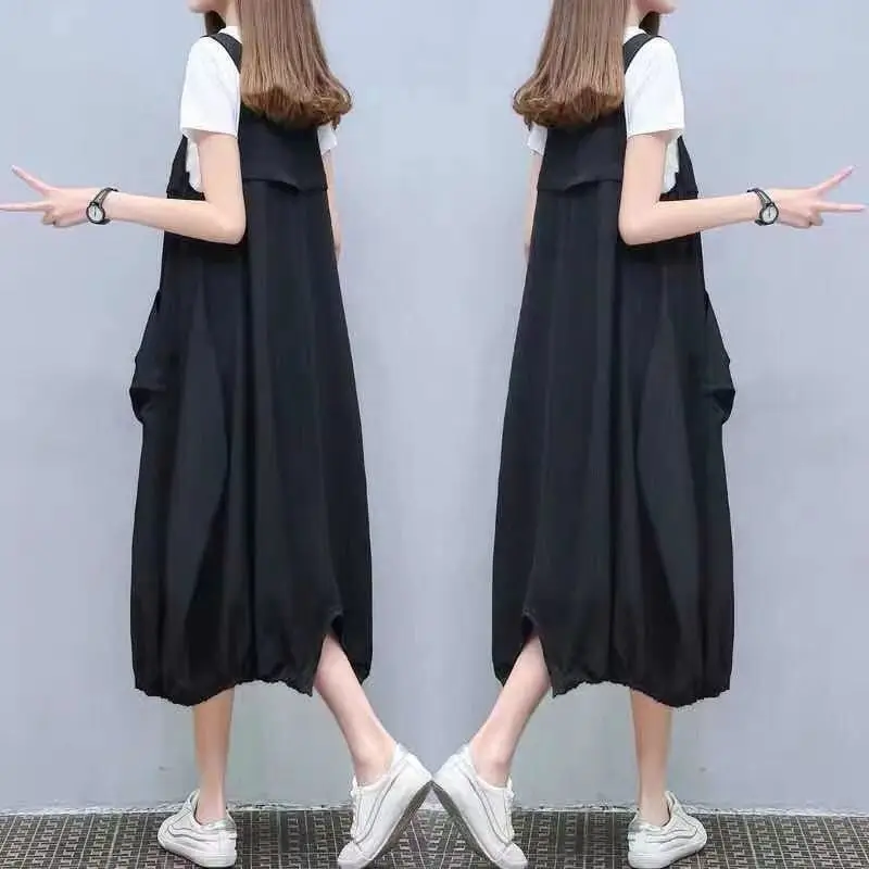 

Single piece / set]Summer new Korean version black suspender T-shirt dress two piece fat mm loose skirt 1[Finished on May 12]