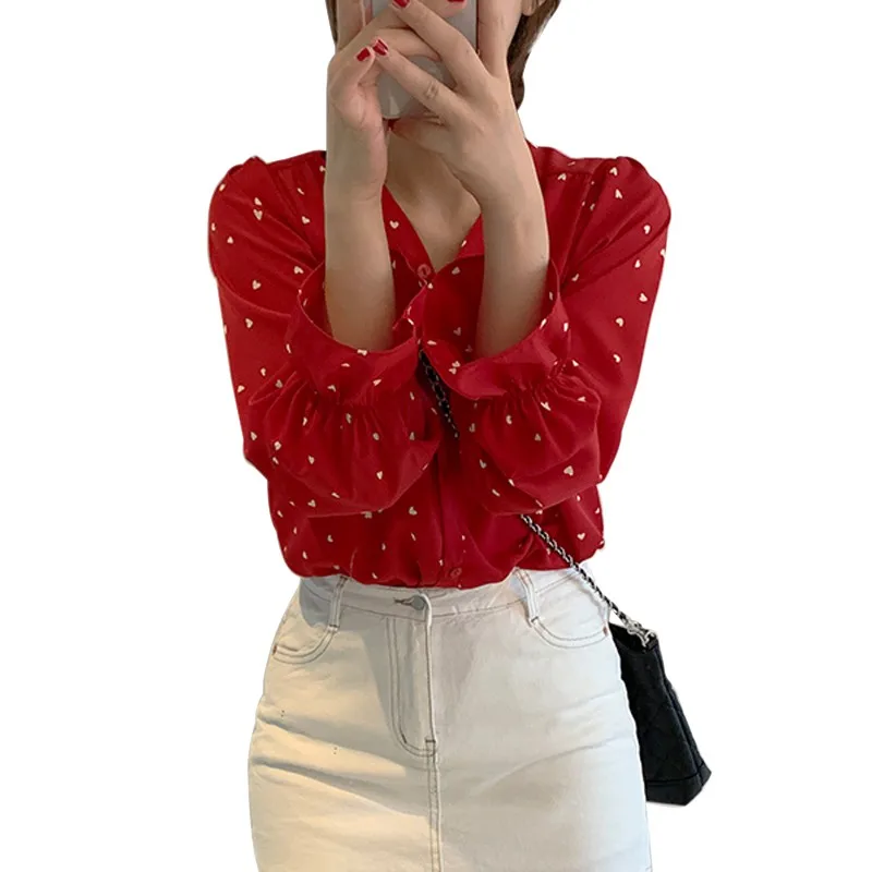 

women's blouse 2019 Spring autumn korean V-neck love print sweet fashion long-sleeved blusasa mujer blouse blusas plus
