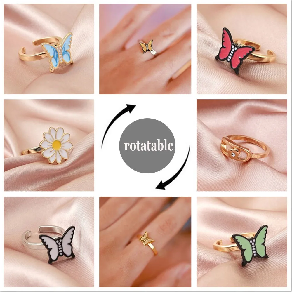 

Spinner Rings Rotate Fidget Anxiety Ring for Women cute butterfly and daisy flower adjustable rings Fashion jewelry gift