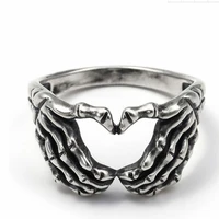 vintage punk gothic silver plated hand with heart rings for men skeleton couple ring women hip hop band jewelry charm gift