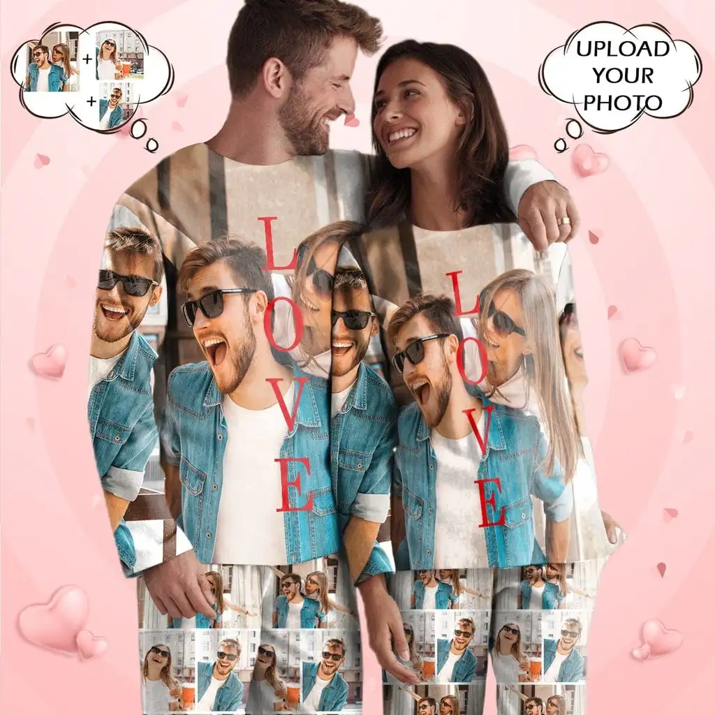 Custom Photo Valentine's Day Love Couple Matching Long Pajamas Set Suit Home Unique Design Personalized Indoor Soft Best Gifts
