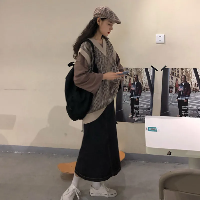 

Vest Women Knitted Art Vintage V-Neck Jacket For Hip Hop Korean Style Oversized Clothes 2021 Spring Autumn Sleeveless Top Female