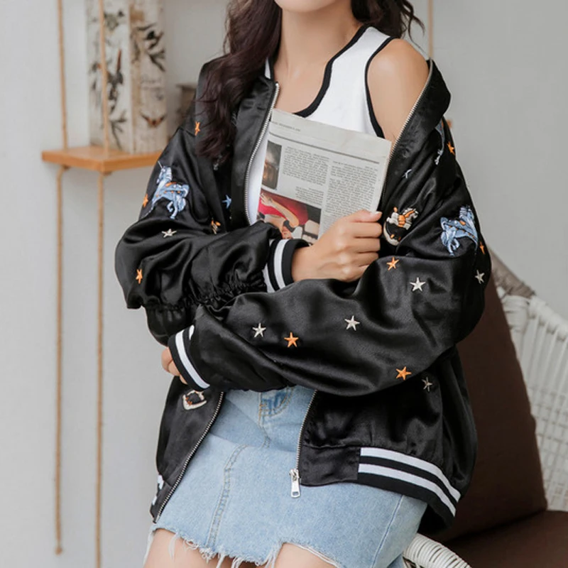 Корейские женские свободные куртки бомберы с мультяшным принтом 2019 уличная