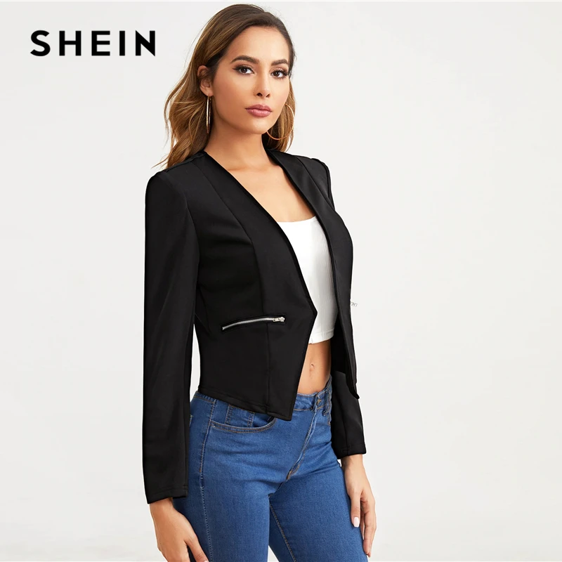 SHEIN черный Открытый Placket молния деталь блейзер для женщин Весна Осень однотонная приталенная верхняя одежда элегантные офисные платья блейзеры