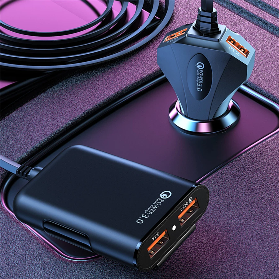 

QC3.0 USB Car Charger 4 Port Front Back Quick Charge Adapter For iPhone 12 Xiaomi Mobile Phone Driving Recorder Fast Charging