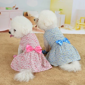 Pet Summer Breathable Clothes Dogs Dress Floral Print Bow Skirt For Puppy Cat Soft Outfit Party Dress Pet Supplies
