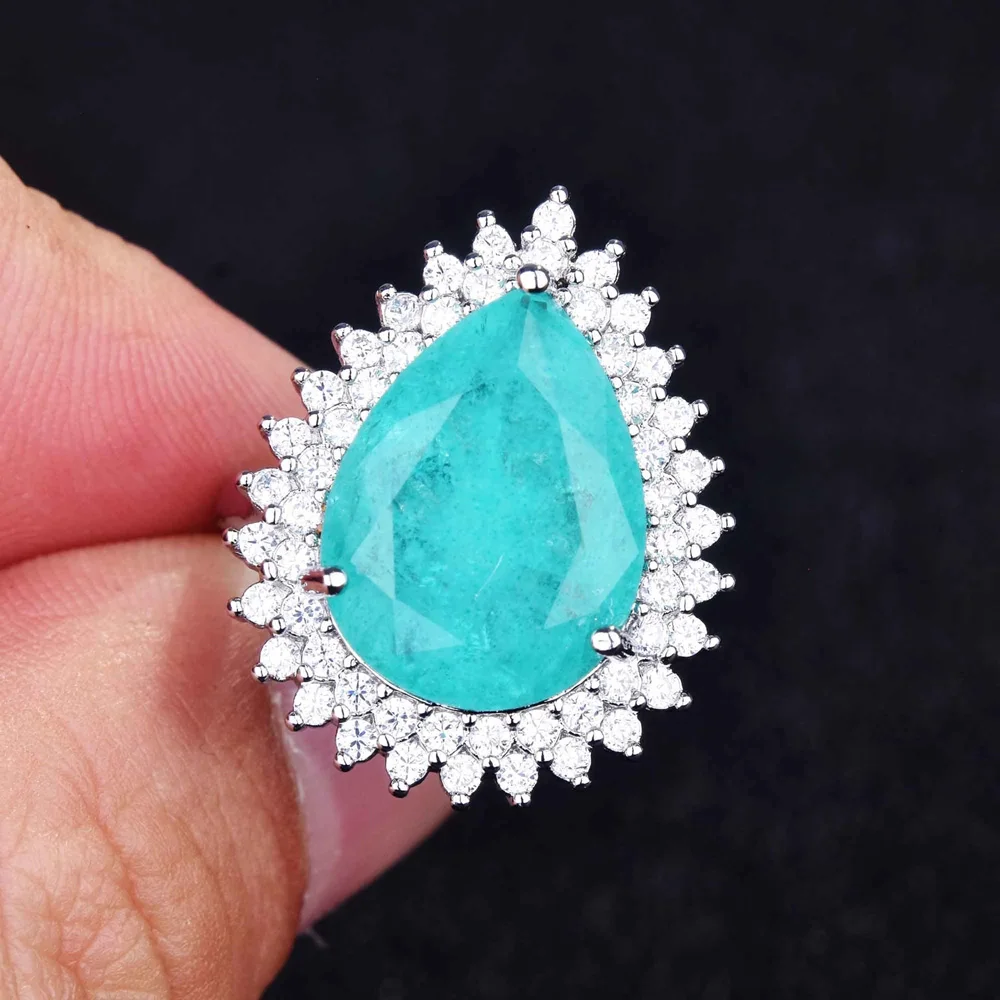 

Luxury Water Drop Paraiba Tourmaline Gemstone 925 Sterling Silver Women's Ring Temperament Ladies Trendy Vintage Party Jewelry