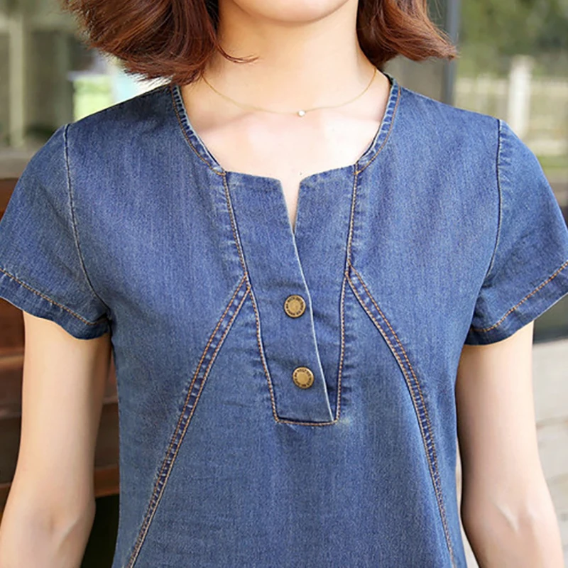 Женское джинсовое платье с коротким рукавом повседневное облегающее туника