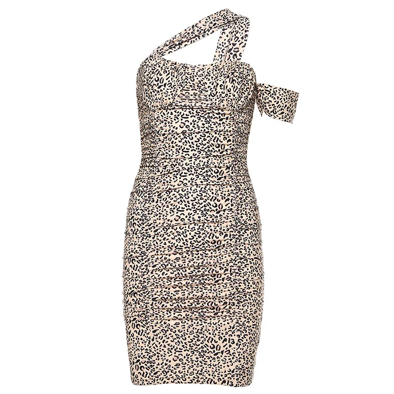 

New Arrival Women Elegant Strap Slash Neck Summer Bodycon Dress Elastic Slim One Shoulder Backless Leopard Party Club Mini Dress