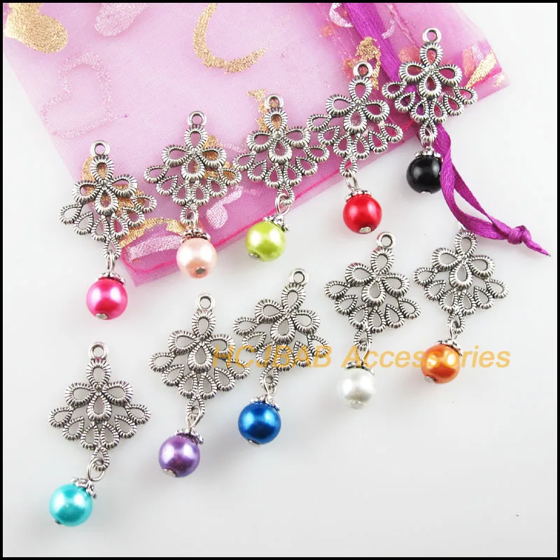 

20 New Flower Charms Mixed Glass Beads Chinese knot Pendants Tibetan Silver 20.5x38mm