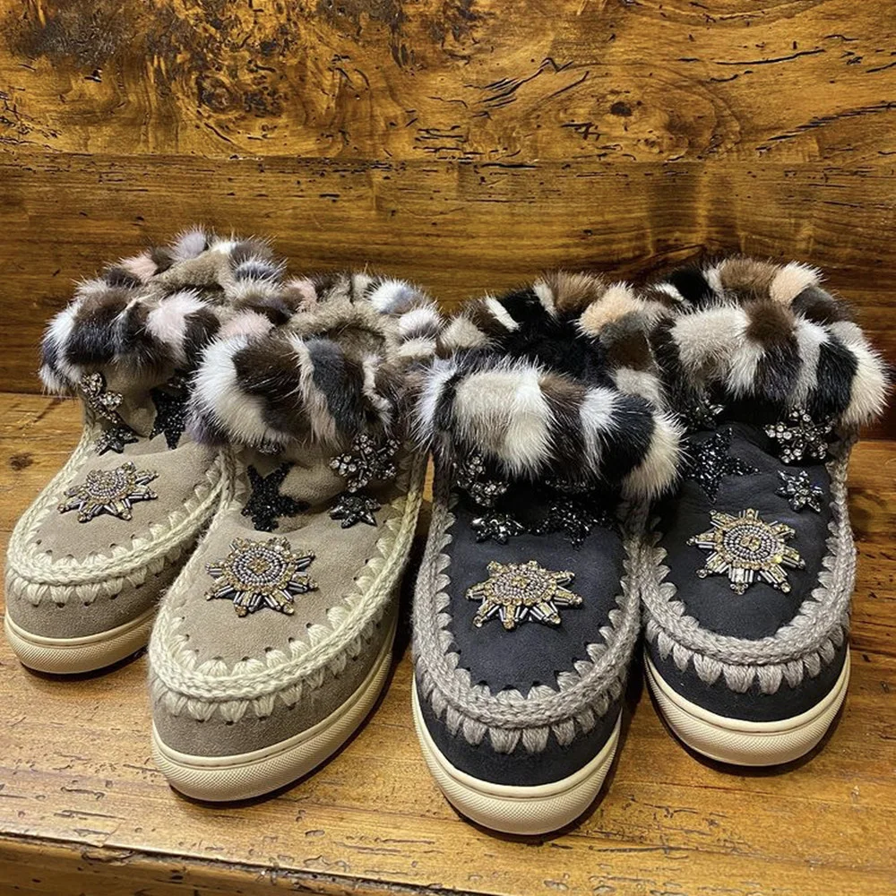 

winter women snow boots eskimo sneaker star patches & mink fur trim sheepskin wedge ladies ankle short boot