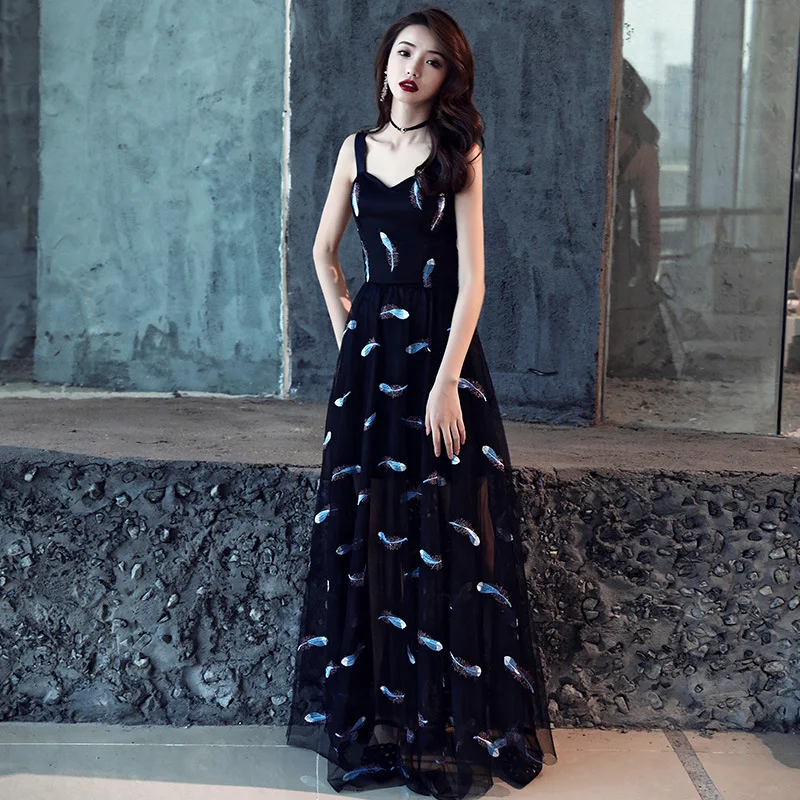 

Perspective Mesh Pleated Qipao Spaghetti Strap Sleeveless Cheongsam Print Feather Sexy Prom Party Dress Gown Black Maxi Vestidos