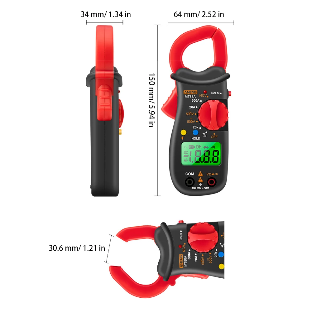 

ANENG MT88A Digital Professional Clamp Meter AC Current 6000 Counts True RMS Multimeter DC/AC Voltage Tester Diode NCV Ohm Tests