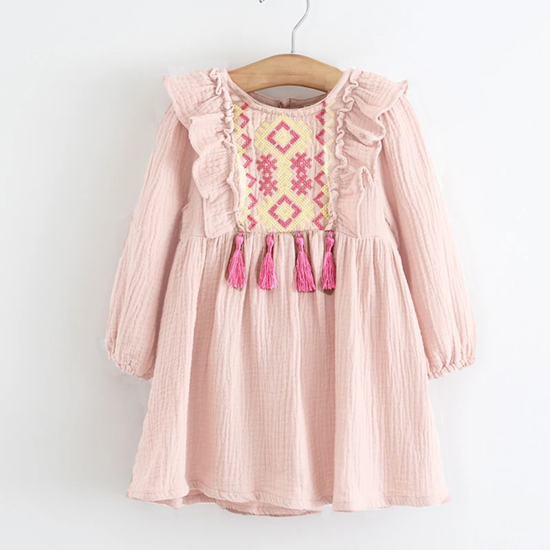 Одежда для девочек платья 2019 модное платье с длинными рукавами и вышивкой