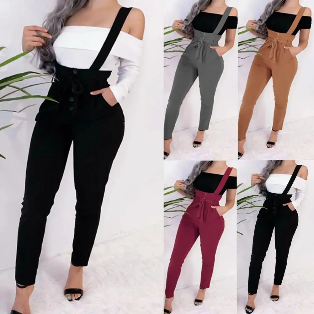 

Women Suspender Trousers Sporty Female Lace-up Slim Pockets Overalls Pants for Dating Trousers Pencil Pants