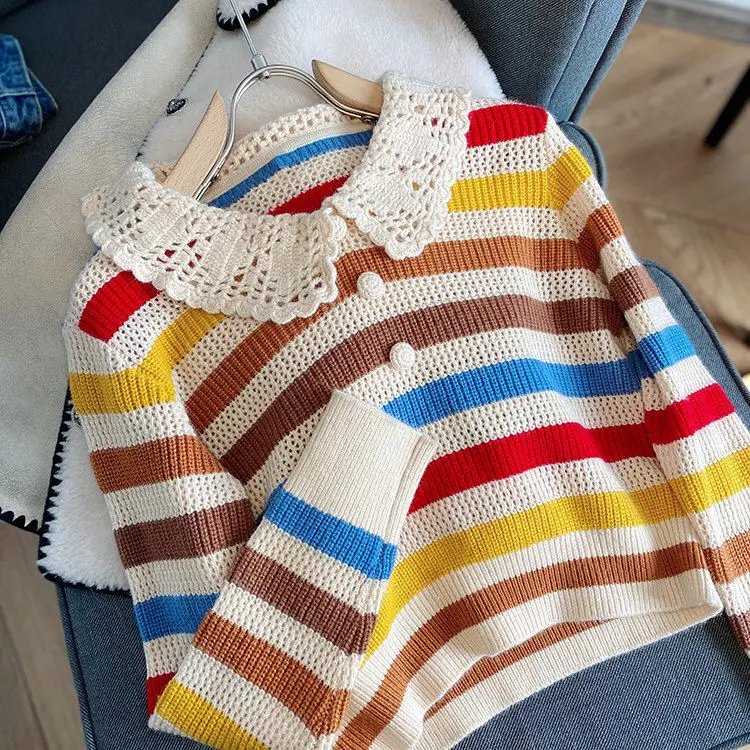 

2021 spring and autumn fried Street rainbow stripe sweater women's short T-shirt with Lapel color stripe