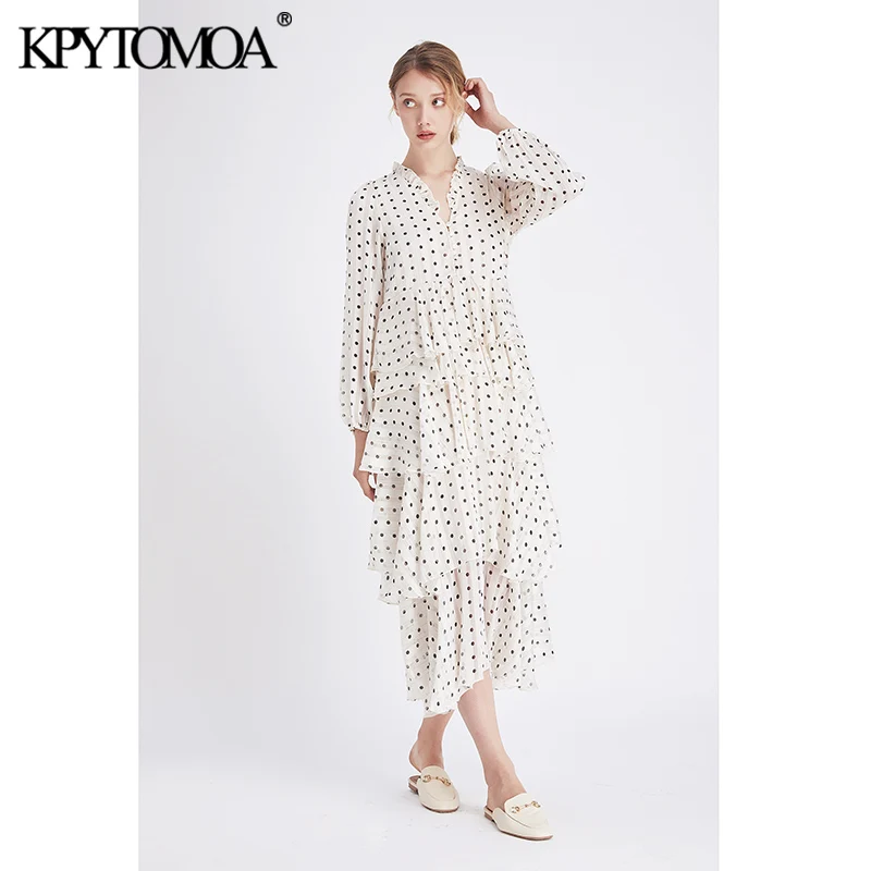 Женское винтажное платье макси с оборками в горошек v образным вырезом и длинным