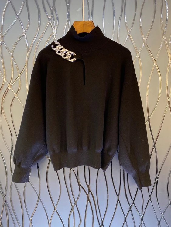 

2020 autumn and winter new women's high collar irregular one-shoulder chain stitching long-sleeved sweater 1104