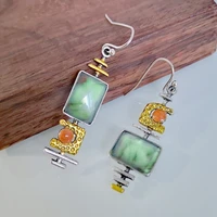 geometric asymmetric green stone inlaid pendant earrings for women new trendy bohemian crystal inlaid eardrop party accessories