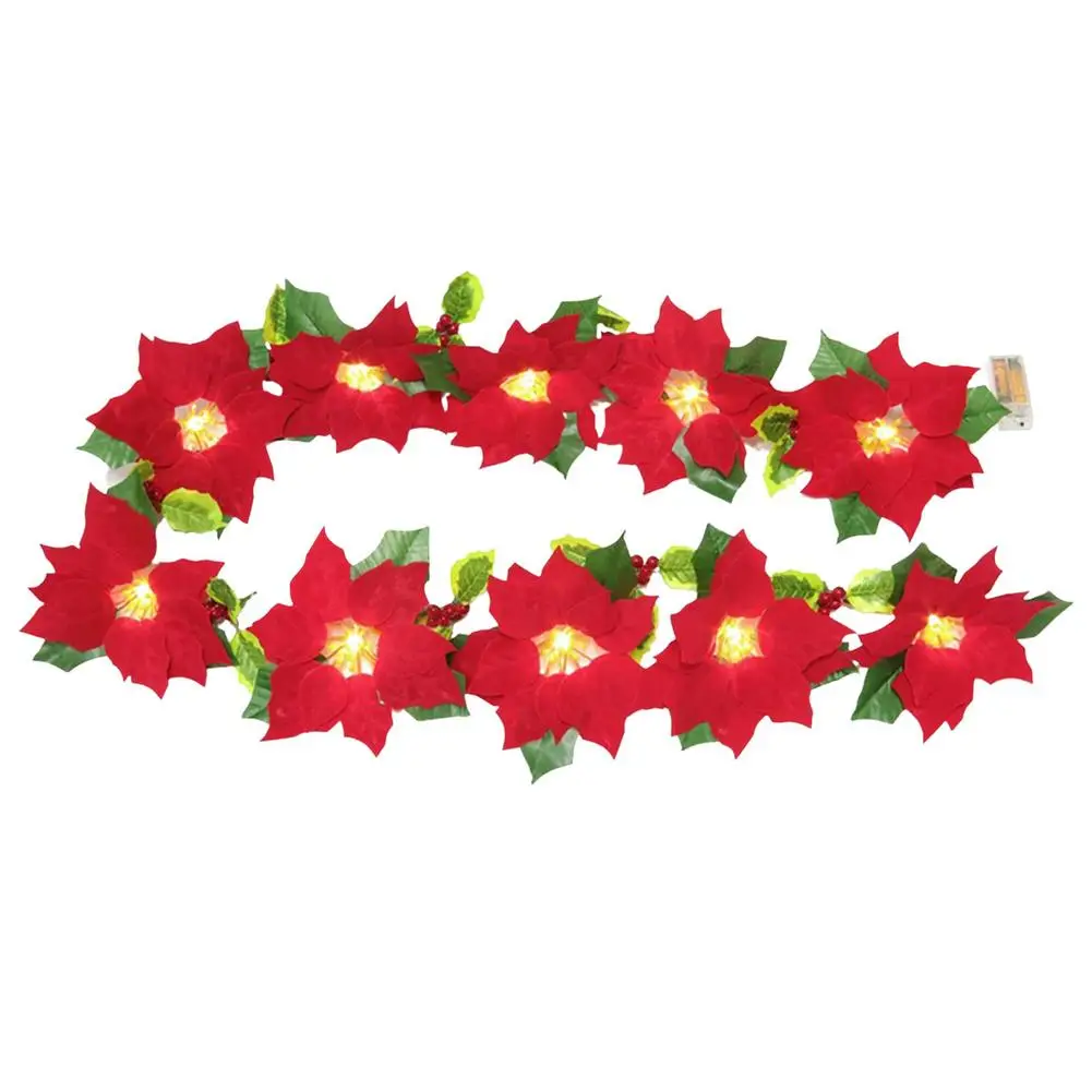 

Velvet Artificial Flower Christmas String Lights Christmas Poinsettia Garland with Red Berries and Holly Leaves Wat